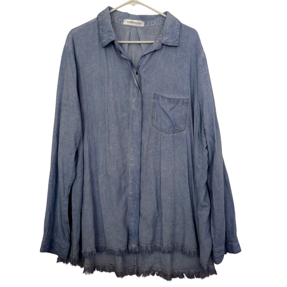 Porter Collective‎ Linen Cotton Top 1XL Blue Split Back Fringe Lagenlook Coastal